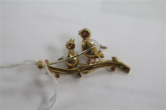A modern 18ct gold, cultured pearl, diamond and gem set brooch, modelled as two birds upon a branch, 41mm.